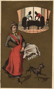Una máquina de lavandería llevando ropa en una cesta. Cromolitografía anónima, finales del siglo XIX. de Unknown artist