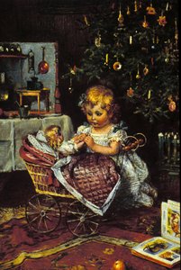 Una niña descubre la muñeca y el cochecito bajo el árbol de Navidad. Siglo XIX de Unknown artist