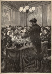 Un mago usando una caja de nuez moscada para hacer aparecer y desaparecer una bola. Grabado de 1885 en "Les arts et metiers illustres" por Adolphe BITARD