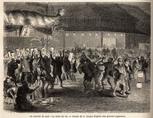 Un paseo nocturno en Edo (Tokio), la subasta de arroz, venta de una cosecha, que crea una tumultuosa reunión frente a un edificio coronado por una enorme antorcha de paja trenzada, con un cartel con letras doradas y el escudo de armas del recolector.