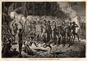 Un pilou-pilou (o píldora o píldora) en la noche, una danza tradicional de las ceremonias tribales kanak. Grabado para ilustrar el viaje a Nueva Caledonia, por Jules Garnier, ingeniero civil de minas, en 1863-1866, publicado en "Le tour du monde, nouveau j