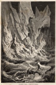 Un oso polar deriva en un iceberg, tras el colapso de un bloque de hielo de Spitzberg, un archipiélago del Océano Ártico, dibujo de V. Foulquier, para ilustrar el Spitzberg en 1838-1839, por Charles Martins. Grabado en 