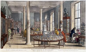 Una tienda de porcelana en Londres (Inglaterra) Wedgwood & Byerley - Litografía alrededor de 1800