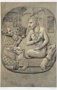 Una reina sentada en un sofá, recibiendo una ofrenda de una mujer etíope - en "Monumentos Antiguos de México: Palenqué y Otras Ruinas de la Civilización Antigua de México" por Brasseur de Bourbourg, París de Unknown artist