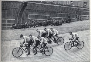 Un ciclista récord con sus entrenadores en trenes tripletes en una pista de bicicletas. Grabado en “La Nature”