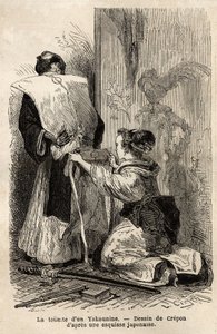 El aseo de un samurái, una joven criada le ayuda a atar su kimono. Grabado para ilustrar el viaje a Japón, en 1863-1864, por Aime Humbert, ministro de la Confederación Suiza, en "Le tour du monde, nouveau journal des voyages" publicado bajo la dirección de Unknown artist