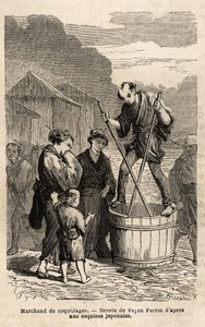Un vendedor de conchas en medio de la calle se equilibra sobre el barril que contiene sus mercancías, que remolca con dos largos palillos. Grabado para ilustrar el viaje a Japón, en 1863-1864, por Aime Humbert, ministro de la Confederación Suiza, en "Le to