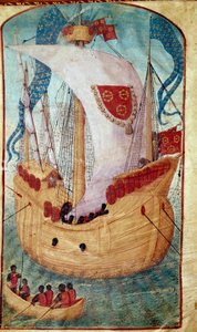 Un barco con vela decorada con el escudo de armas de Louis Malet (1441-1516), señor de Granville (miniatura de Olivier de la Marche) de Unknown artist