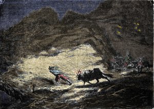 Un naufragio (pirata) usa una luz colgada en la cabeza de un buey para engañar a los barcos que luego se acercan a la costa y se encuentran en la puerta de los saqueadores. Grabado del siglo XIX de Unknown artist
