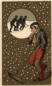 Un recolector de nieve con su pala. Cromolitografía anónima, finales del siglo XIX. de Unknown artist