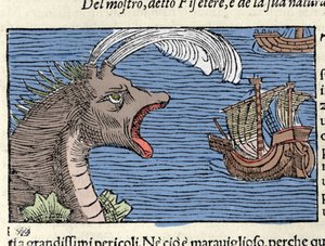 Un cachalote (?) (physeter) ataca un barco. Grabado de Olaus Magnus (1490 - 1557), religioso y geógrafo sueco, “Historia de Gentis Septentrionalibus”, Venecia