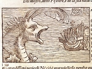 Un cachalote (?) (physeter) ataca un barco. Grabado de Olaus Magnus (1490-1557), religioso y geógrafo sueco, "Historia de Gentis Septentrionalibus", Venecia