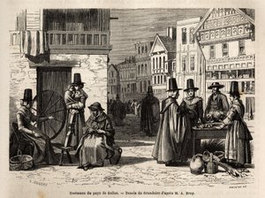 Una calle en Gales, con lugareños vestidos con trajes tradicionales y actividades cotidianas: una familia de primera mano y mujeres hilando lana con ruedas. Grabado para ilustrar un viaje en el país de Gales, en 1862, por Alfred Erny, en "Le tour du monde, de Unknown artist