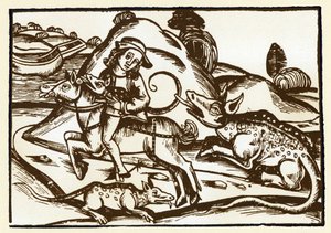 Un viajero se encuentra con dos tigres monstruosos con aspecto de Basílica. Las fábulas de Esopo (grabado, finales del siglo XV) de Unknown artist