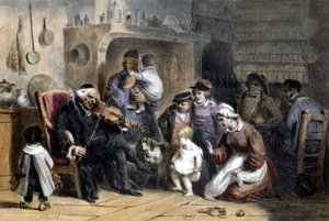Una vigilia: familia reunida alrededor de un sacerdote tocando el violín. Siglo XIX. de Unknown artist