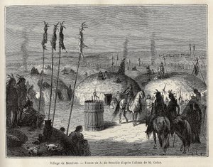 Un pueblo de indios Mandans (o noumah ka kie: faisanes) en la orilla izquierda del Missouri, a 600 leguas de la ciudad de Saint Louis. Grabado para ilustrar una excursión entre las tribus indias de las cuencas de Colombia y el Alto Missouri, por G. Catlin, de Unknown artist