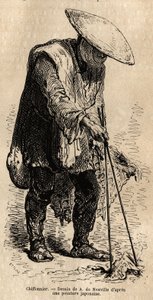 Un trapo ambulante, usando largos palillos agarra los trapos que almacena en su cesta antes de venderlos a un mayorista. Grabado para ilustrar el viaje a Japón, por Aime Humbert, ministro de la Confederación Suiza, en 1863-1864, publicado en "le tour du mo de Unknown artist