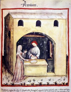 Una joven compra huevos a un comerciante. Iluminación del libro de medicina y dietética “Tacuinum sanitatis” de Unknown artist
