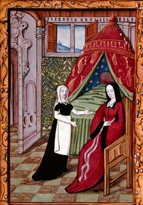 Una joven, probablemente Louise Laval (fallecida en 1480), en su dormitorio con su sirviente (miniatura de 