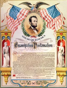 Abraham Lincoln y su proclamación de la Emancipación de los esclavos (banderas y águila). 22/09/1862. de Unknown artist