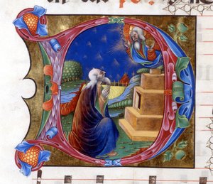Abraham invitado por el Señor a dejar su tierra. Miniatura de un coro del siglo XV ("civitatis" de San Agustín). Biblioteca de Lodi
