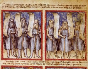 La genealogía de Adán es seguida por Seth, Enoc, Kenan, Mahalalel y Jared, los grandes patriarcas de la Biblia en miniatura tomada del códice 212 (o padovano o Biblia de Padua) 1390-1400 de Unknown artist