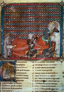 Adenet le Roi (circa 1240- circa 1300), poeta y juglar, recita la novela de Cleomades ante Mathilde de Brabant (1224-1288) y la Princesa Blanca de Castilla (hija de San Luis). Miniatura de una colección de poesía francesa de Unknown artist
