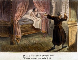 Adulterio: un monje sorprendido tratando de esconderse y una mujer desnuda en la cama. Litografía de principios del siglo XIX.