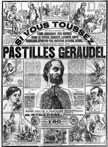 Publicidad para las tabletas Geraudel por el farmacéutico Arthur Geraudel (1841-1906) en Sainte-Menehould contra la tos. Grabado en “Le Monde Illustré” de Unknown artist