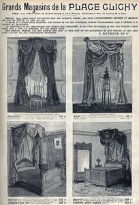 Publicidad para muebles y decoraciones de los grandes almacenes de la Place de Clichy en París. Grabado en 