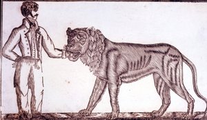 Publicidad para el circo en 1800 que muestra a un domador poniendo su mano en la boca de un león. de Unknown artist