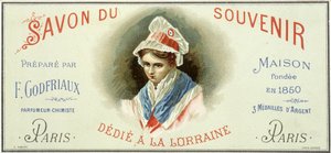Etiqueta publicitaria del “Jabón del recuerdo, preparado por F. Godfriaux - Casa fundada en 1850”. Cromolitografía siglo XIX. de Unknown artist
