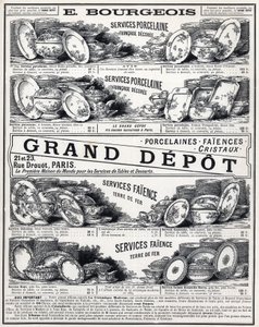 Publicidad de 1889 para "La Ceramic Moderne By Le Grand Depot De Porcelaines, Faiences Et Verreries Bourgeois en París" de Unknown artist