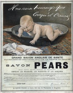 Publicidad de 1889 para el jabón inglés "Pears", gran jabón de salud inglés. Un bebé en su baño hace un capricho (llora) e intenta atrapar el jabón de Unknown artist