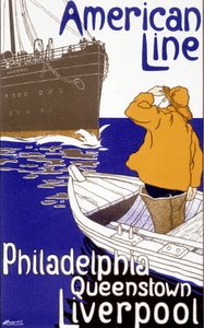 Cartel publicitario para la American Line "Philadelphia - Queenstown - Liverpool" en "Pictorial Placard", Bruselas