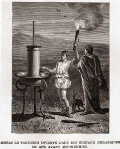 Eneas el Táctico inventa el arte de las señales frásicas, 366 a.C. Grabado del siglo XIX, colección Bianchetti