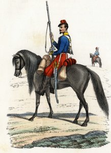 Cazador africano a caballo, regimiento formado en 1831 y presente en Argelia en 1832. En "Storia d