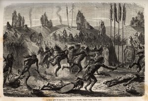 Después de la ceremonia de entrega al Gran Espíritu, los jóvenes guerreros abrazan una danza frenética y desbordante, los más débiles son arrastrados por el suelo, entre los indios Mandan (o noumah ka kie: faisanes), en la orilla izquierda del Missouri. Gr de Unknown artist
