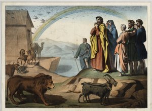 Después del diluvio, los animales descienden del arca. A la derecha: Noé, su esposa, sus tres hijos (Sem, Cam y Jafet) y sus esposas. Al fondo, el arco iris (símbolo del pacto de la creación entre Noé y Dios). Grabado anónimo de mediados del siglo XIX. de Unknown artist