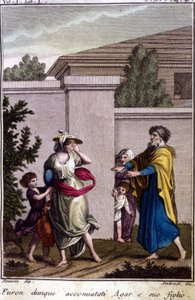 Agar e Ismael fueron expulsados por Abraham: Agar, que fue despedida, se fue con su hijo, Ismael, después del nacimiento de Isaac. Grabado de principios del siglo XIX. de Unknown artist