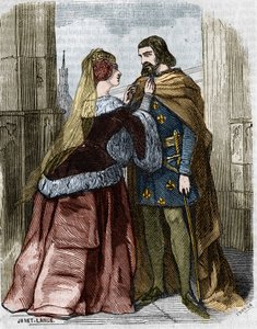 Agnès Sorel (1422-1450) (Dama de Beauté-sur-Marne) y el Rey de Francia Carlos VII en la Abadía de Jumièges. Grabado del siglo XIX. de Unknown artist