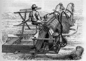 Agricultura y maquinaria agrícola: una nueva cosechadora tirada por caballos que ata automáticamente las gavillas de trigo en los campos. Grabado en 