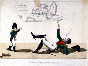 Ah, papá, te lastimaste. Caricatura sobre el exilio de Napoleón Bonaparte en la isla de Elba de Unknown artist