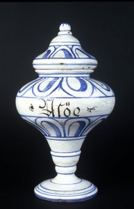 Albarelle: jarrón de farmacia del siglo XVI que contiene Aloe. Museo de Ciencia y Tecnología, Milán.