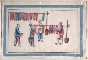 Álbum con doce pinturas de personas que trabajan la seda