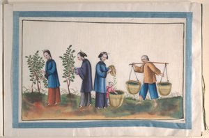 Álbum con doce pinturas de personas que trabajan la seda