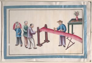 Álbum con doce pinturas de personas que trabajan la seda