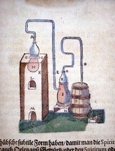 Alquimia: aparato para destilación, tomado de un libro de Pietro Andrea Mattioli (1500-1577). Frankfurt de Unknown artist