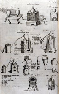 Alquimia: tabla que representa diferentes modelos de aparatos de destilación y alambiques. Athanase Kircher (o Athanasius Kircheri 1602-1680), jesuita alemán. Grabado del siglo XVII de Unknown artist