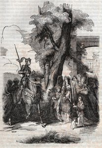 Alcina y su corte vienen a saludar a Ruggiero - grabado de 1851 del poema Orlando furioso (1516) de Ludovico Ariosto, - Edición traducida del italiano por el Conde de Tressan y publicada por Gustave Harvard 1851